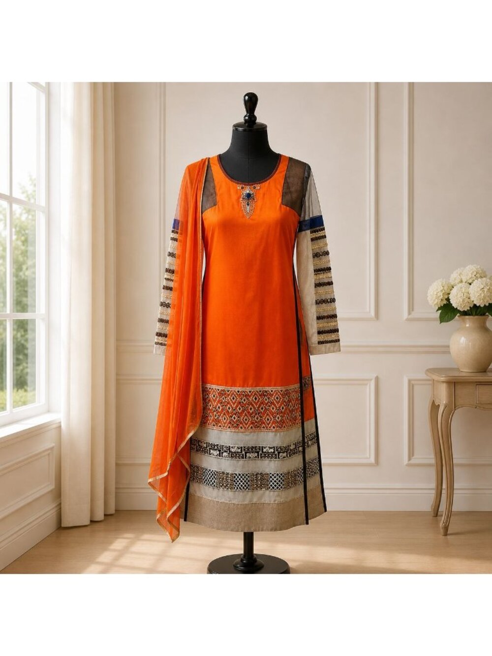 Bimba Metallic Orange Rayon Kurta Women's XXS Ethnic Indian Tunic Dress